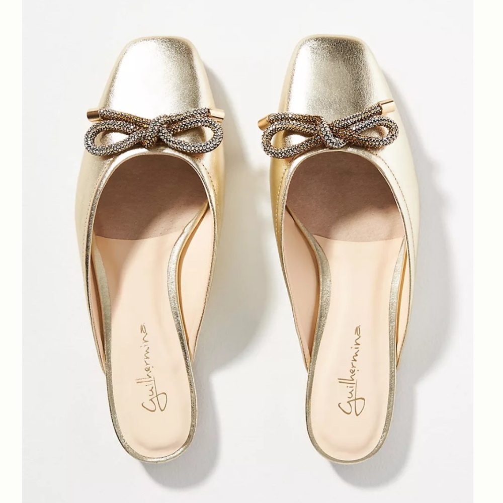 Anthropologie Guilhermina Ballet Mules Gold Square Toe Embellished Bow